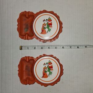 Vintage Japan Orange Cast Iron Ash Tray Ceramic Tile Couple/Presents Coaster 6”